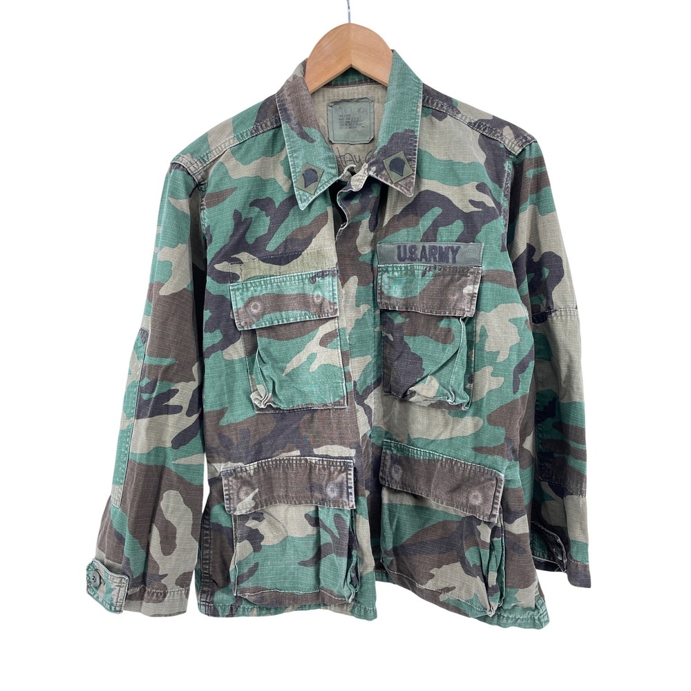 US Army Woodland Camo Combat Coat Mens Small X-Short Green BDU Vintage Military